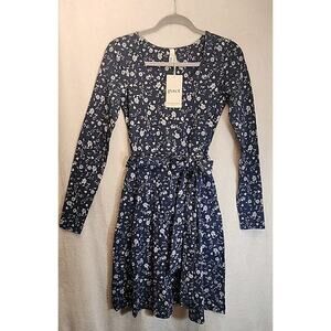 Pact Organic Cotton Long Sleeve Midi Dress Blue, Floral Print, Pockets XS New